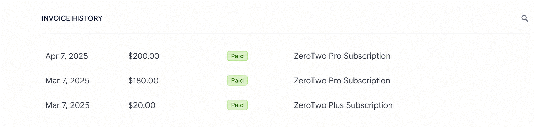 The Transaction history list in Settings, Billing, with payment rows showing a description, a date, a Paid status and an amount.