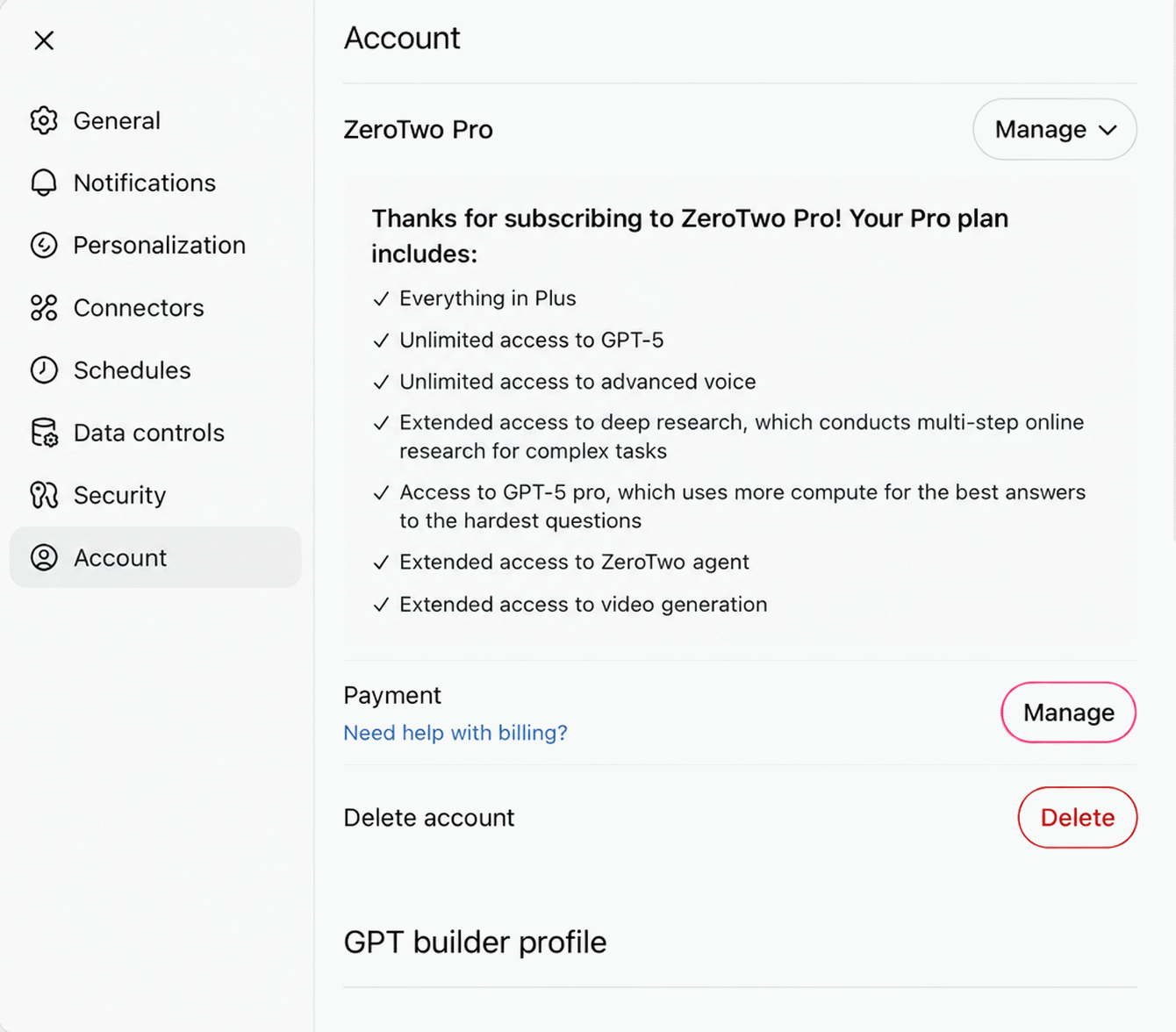 The Billing tab in ZeroTwo Settings, scrolled to the Payment methods section with a saved card listed.