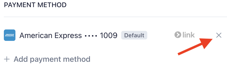 A saved card's actions menu open in Payment methods, with the Set as default and Remove options.
