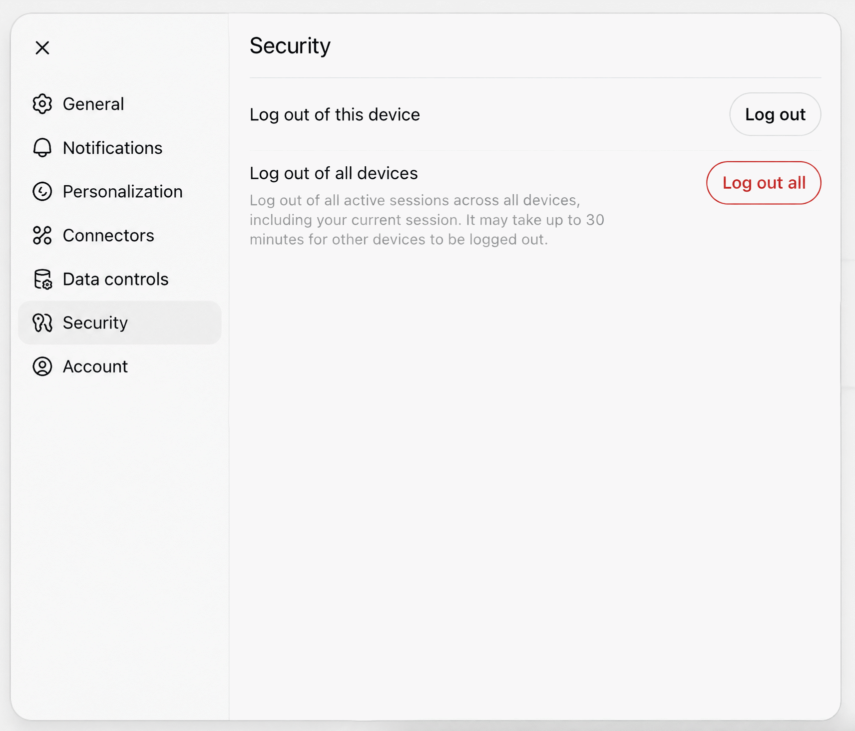 The Security tab in ZeroTwo Settings, with the Log out of this device and Log out of all devices rows and their buttons