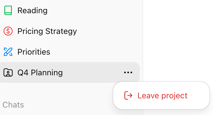 The menu of a shared project in the ZeroTwo sidebar with Leave project at the bottom