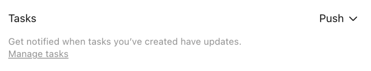 The Tasks row in ZeroTwo Notifications settings with the delivery options and the Manage tasks link