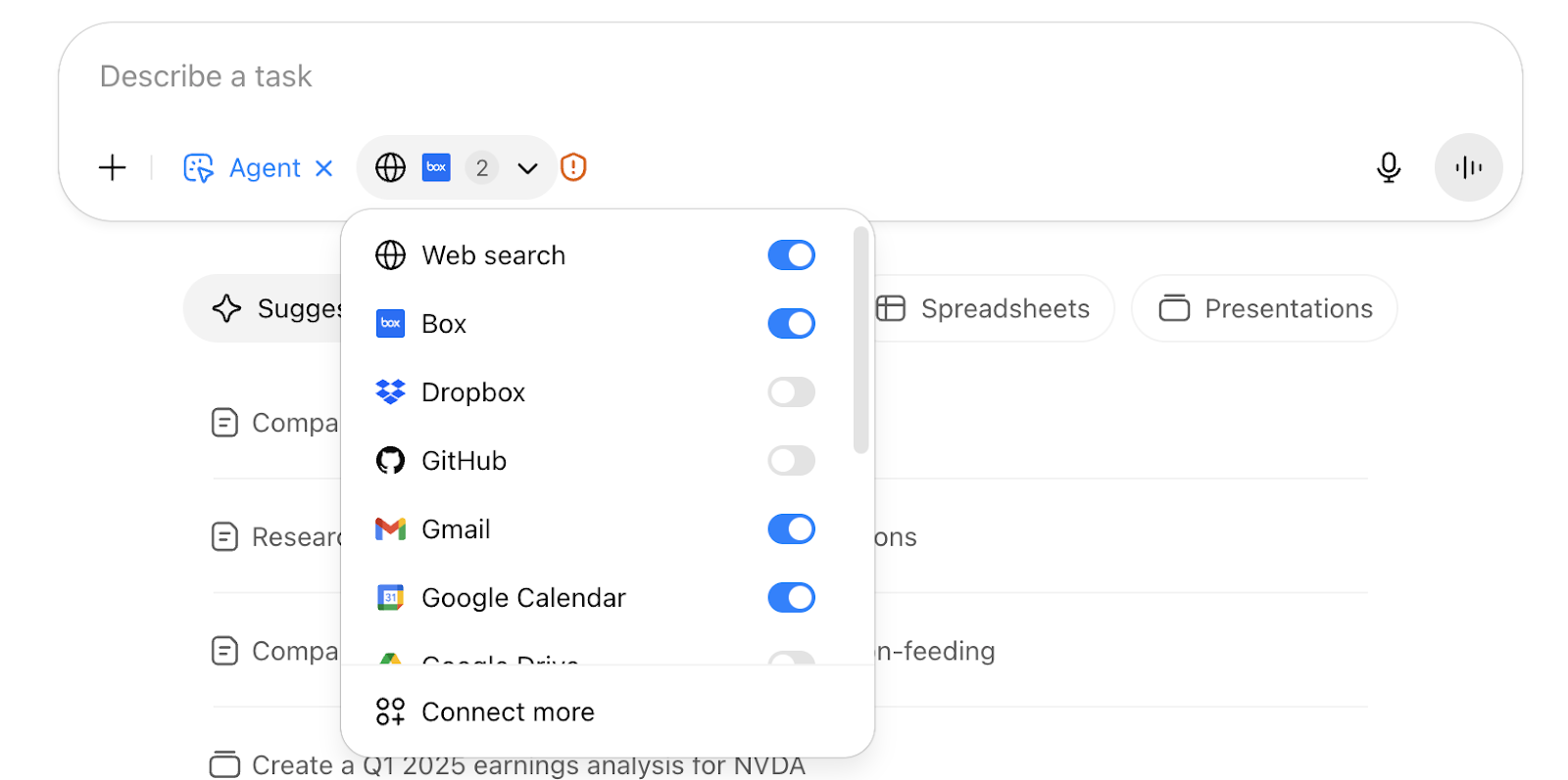 The + menu open in the ZeroTwo Work message box, with the Add options followed by the plugins and skills you have installed