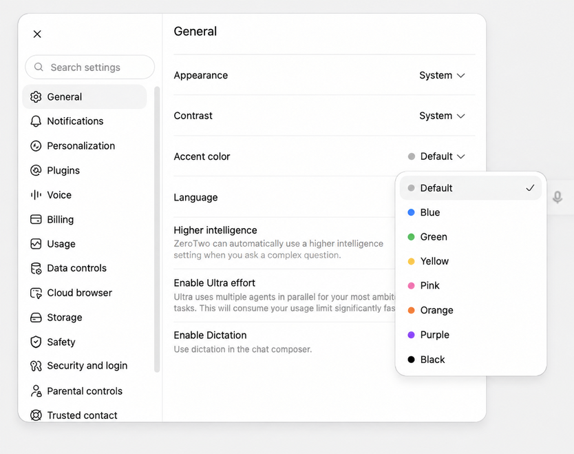 The ZeroTwo Settings window open on the Appearance tab, with the System, Light and Dark theme cards at the top.
