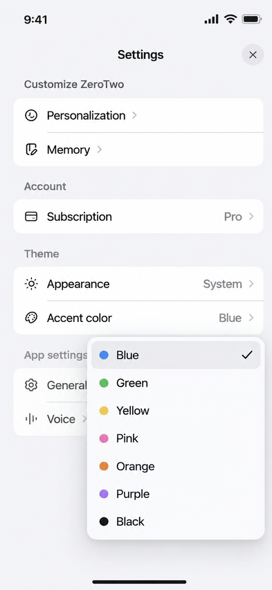 ZeroTwo for iOS, Settings, Appearance, with the Theme cards and the Accent row visible.