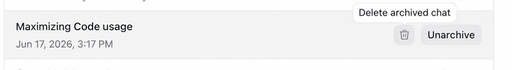 A row on the Archived tasks page showing a task title, its archive date, a trash button and the Unarchive button