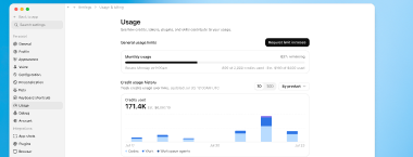 The Monthly credits meter under General usage limits in Settings > Usage, with the amount left and the time until it resets