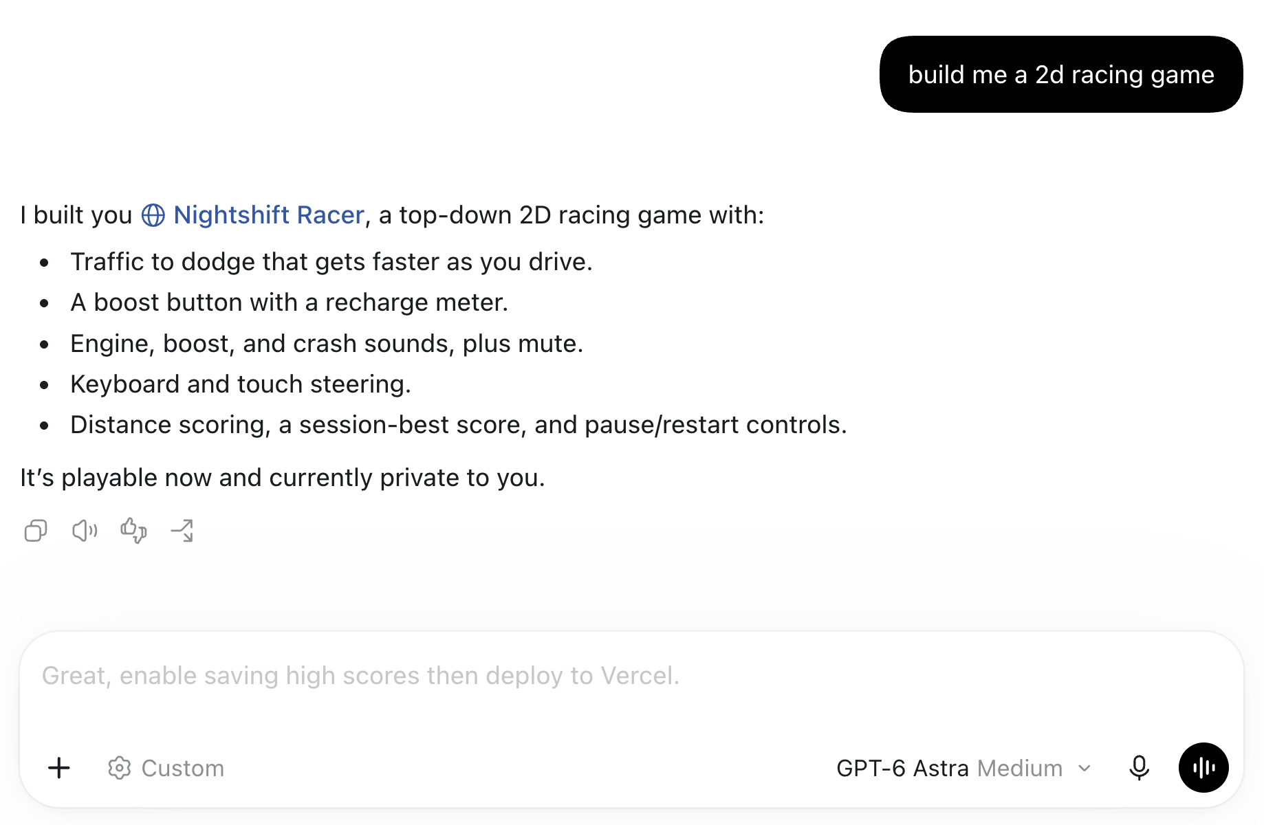 An example of a suggested follow-up in an empty message box after a response about a racing game