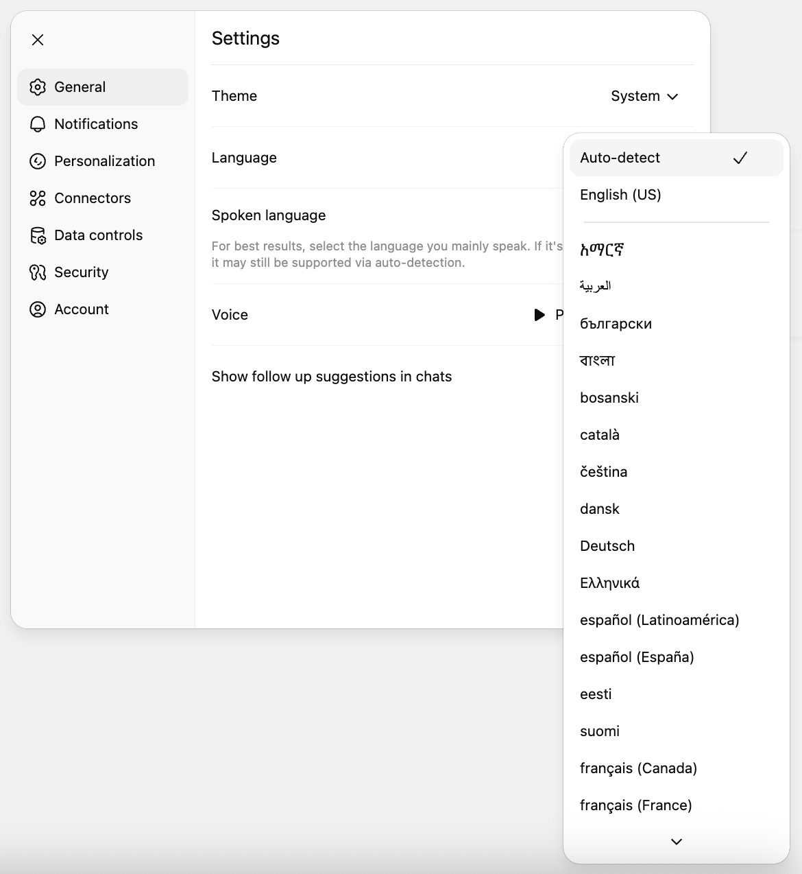 ZeroTwo Settings on the General tab with the Language menu open and the list of languages showing