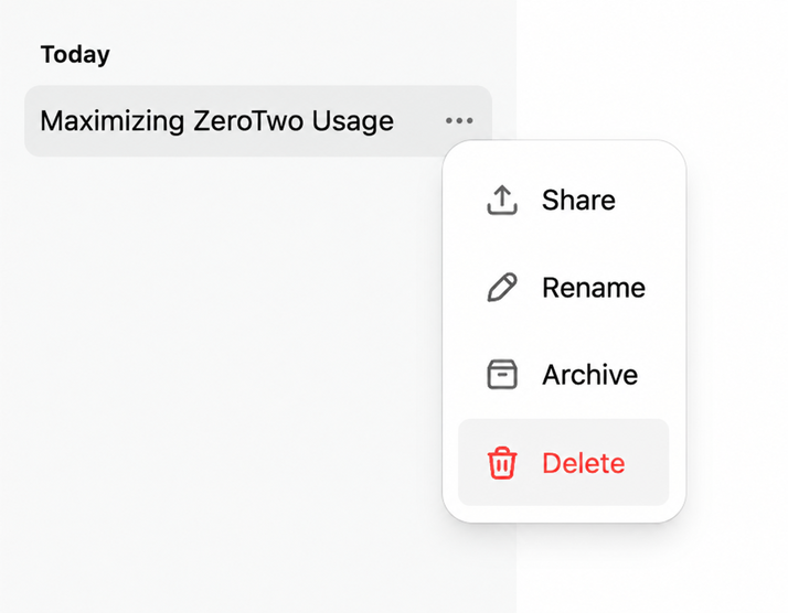 The Options menu on a chat row in the ZeroTwo sidebar, with Archive and Delete entries