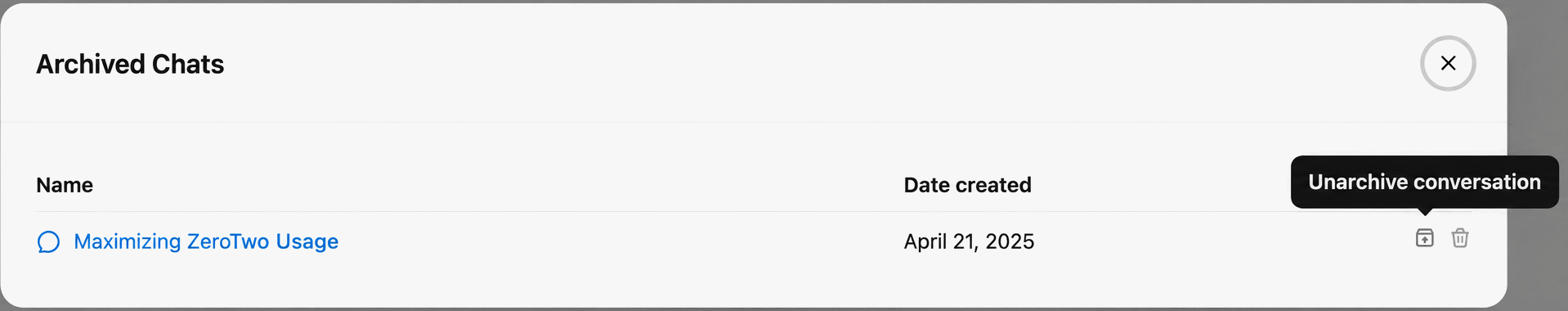The Archived chats dialog in ZeroTwo with a Restore button and a delete button beside each archived chat
