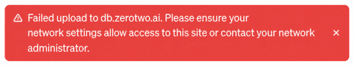 An attachment card in the ZeroTwo message box that says Upload failed, with a Retry button.