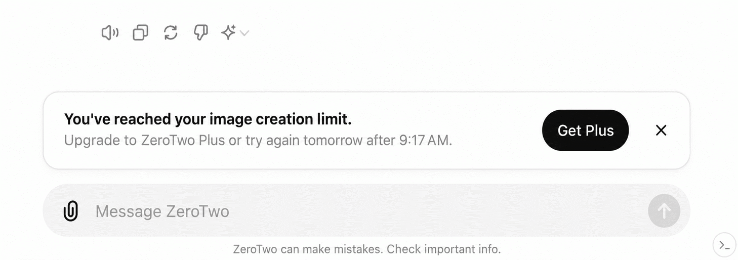 Notice above the ZeroTwo message box reading You're out of credits, with an Upgrade button
