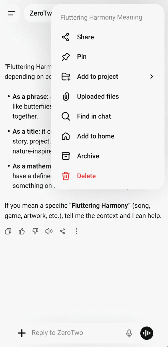 The ZeroTwo for Android Settings screen, listing Account, Theme, Preferences and App rows, with Data controls in the list.