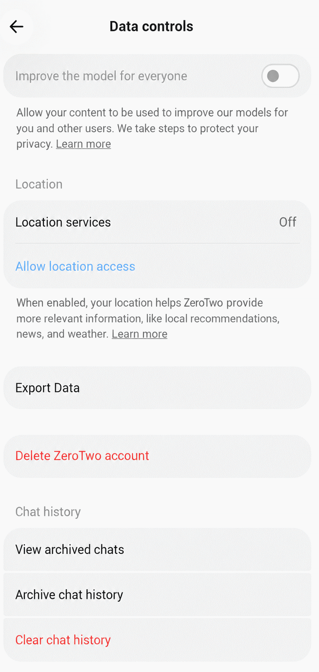 The Account screen in ZeroTwo for Android, with the Sign Out and Delete Account buttons.
