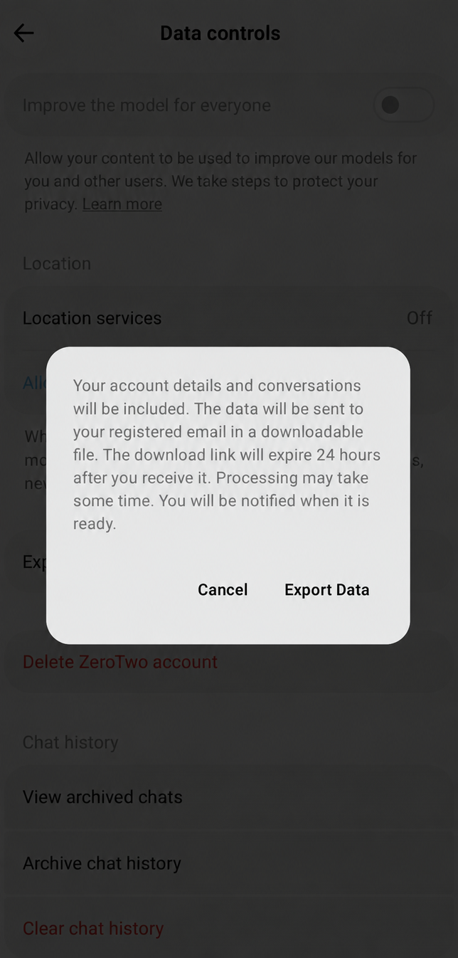 The Data controls screen in ZeroTwo for Android, with the Export data row and its Export button at the top.