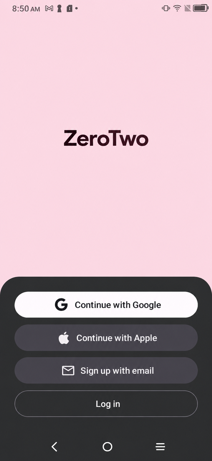 Microsoft's sign-in page open in a browser tab on top of the ZeroTwo app