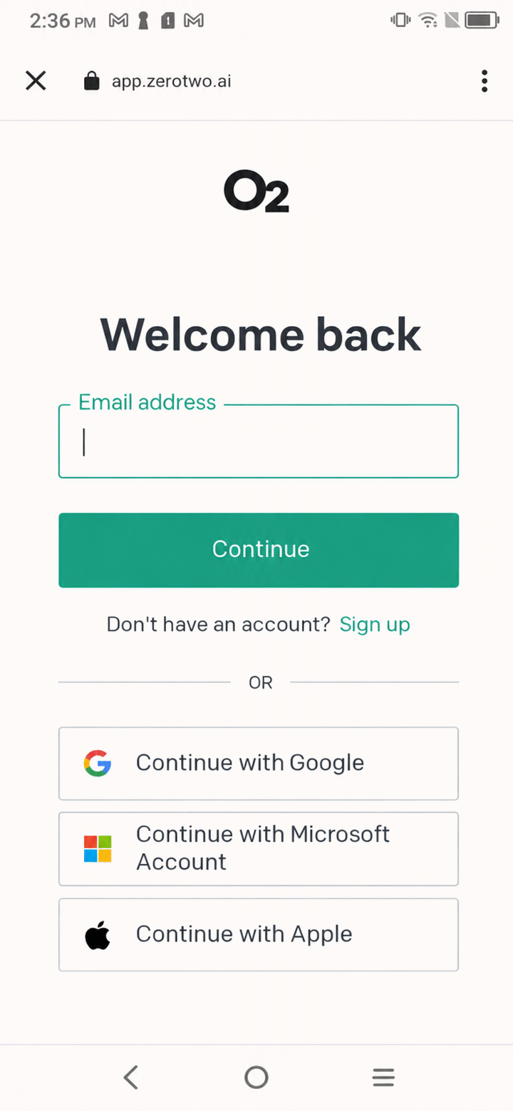 The ZeroTwo sign-in screen on Android with the Continue with Microsoft button