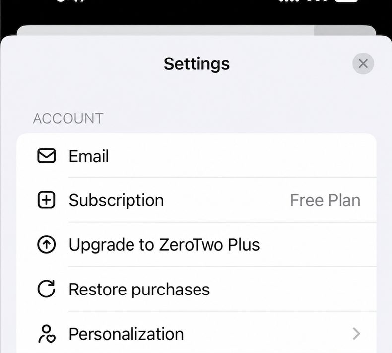 The Account group in ZeroTwo Settings on iPhone, with the Subscription row showing ZeroTwo Free and an Upgrade to ZeroTwo Pro row below it