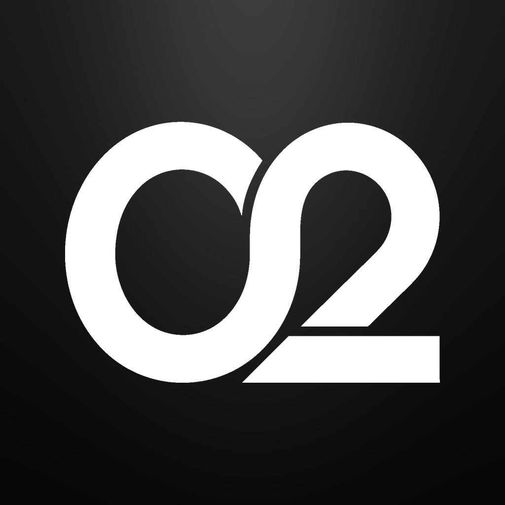 The ZeroTwo app icon: a white O2 monogram on a near-black square background