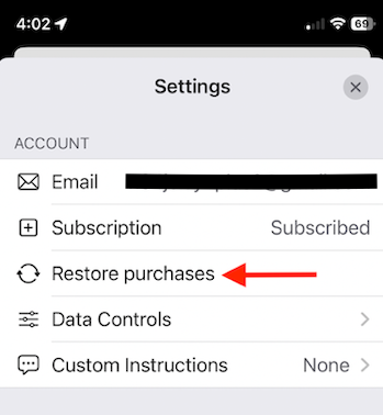 The Account group in ZeroTwo Settings on iPhone with the Restore purchases row at the bottom