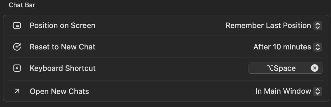The Quick access shortcut row on the General page of ZeroTwo's desktop settings, with its menu of shortcut choices