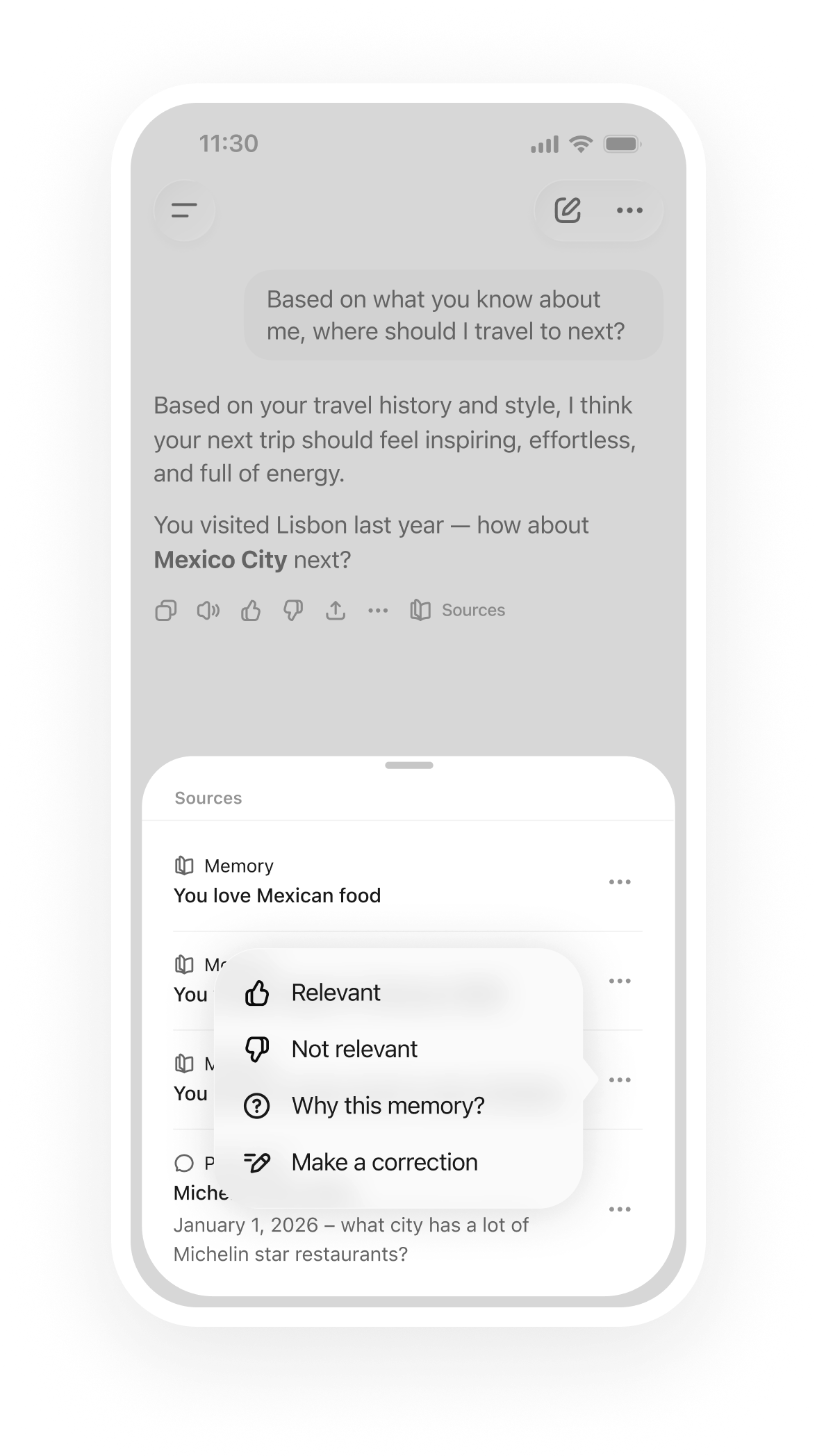 The Memory summary dialog in ZeroTwo with a written summary and the Ask or update box at the bottom