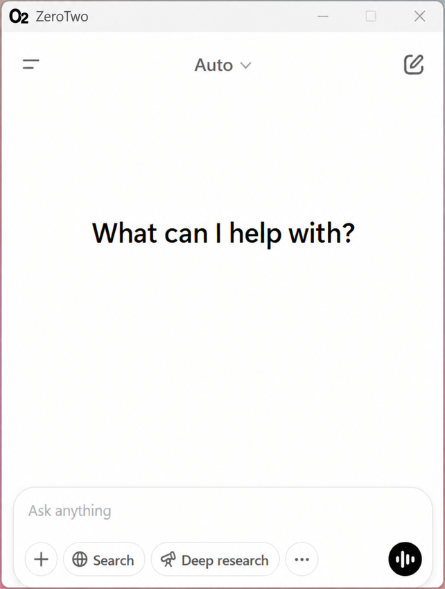 The ZeroTwo desktop app on Windows with a new chat ready