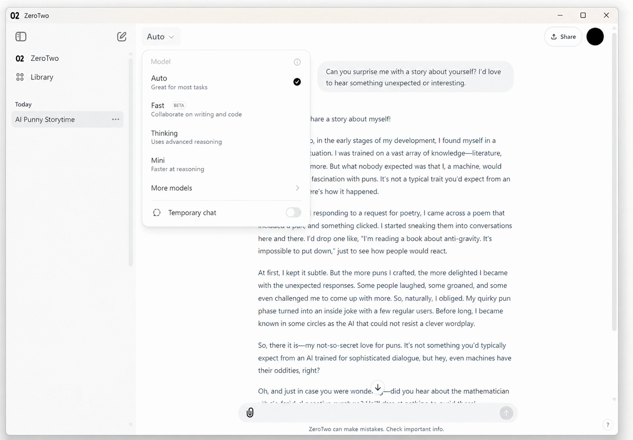 The ZeroTwo model picker open in the message box